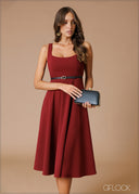 Square Neck Flare Midi Dress - 140826