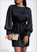 Bishop Sleeved Tie-Up Detailed Satin Dress - 260525
