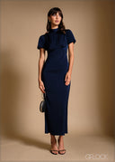 Gathered front high neck puff sleeve maxi dress