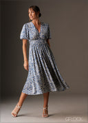 V neck puff sleeve blue printed satin midi dress