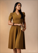 Puff Sleeve Flare Midi Dress - 180926