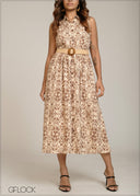 Collared Midi Dress With Belt - 301026