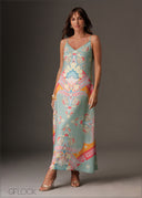 Flowy vibrant printed V-neck maxi slip dress