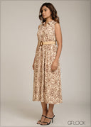 Collared Midi Dress With Belt - 301026