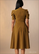 Puff Sleeve Flare Midi Dress - 180926