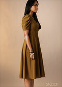 Puff Sleeve Flare Midi Dress - 180926