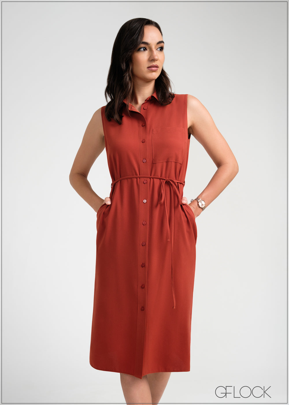 Sleeveless Midi Shirt Dress - 050925