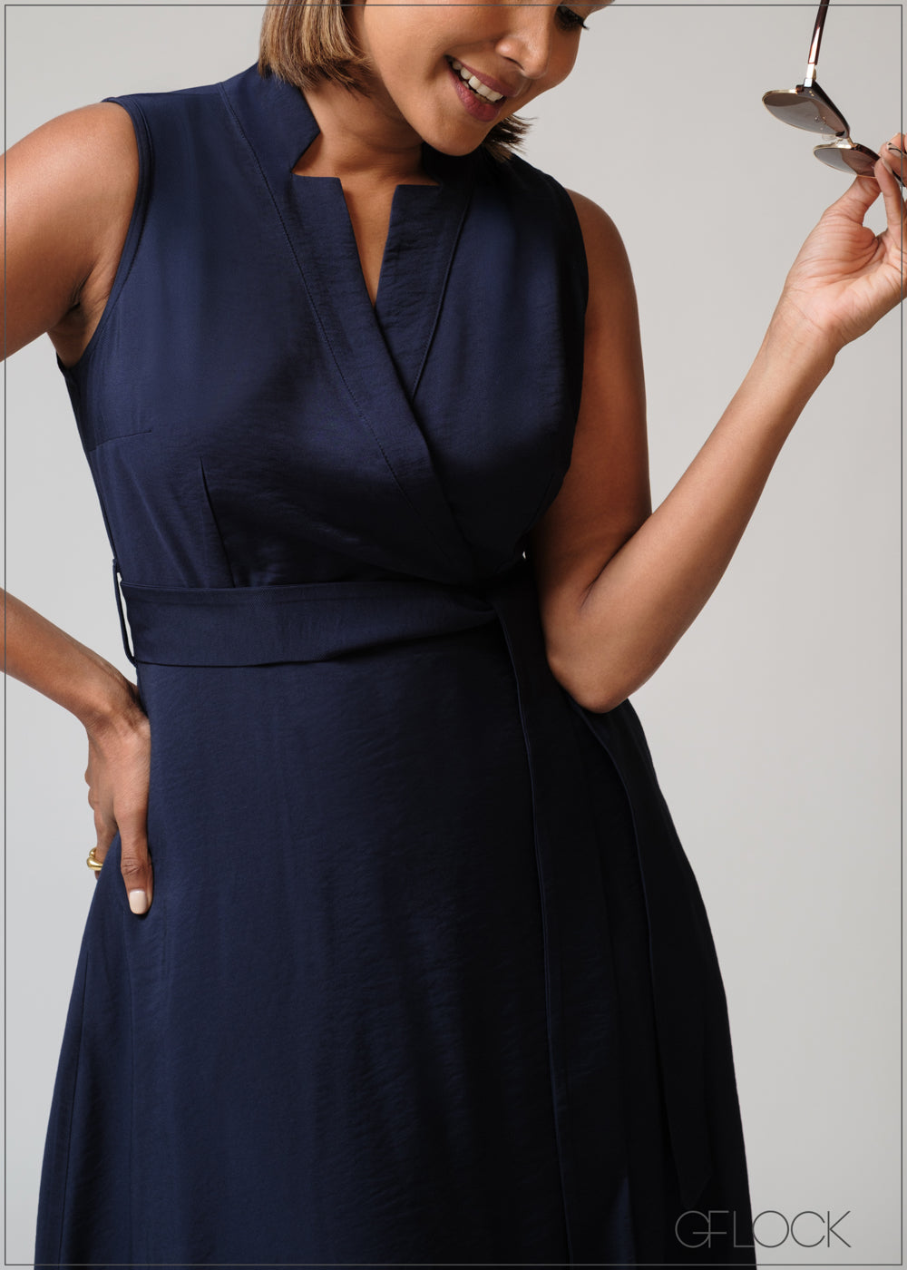 Notch Neck Belted Midi Dress - 230625