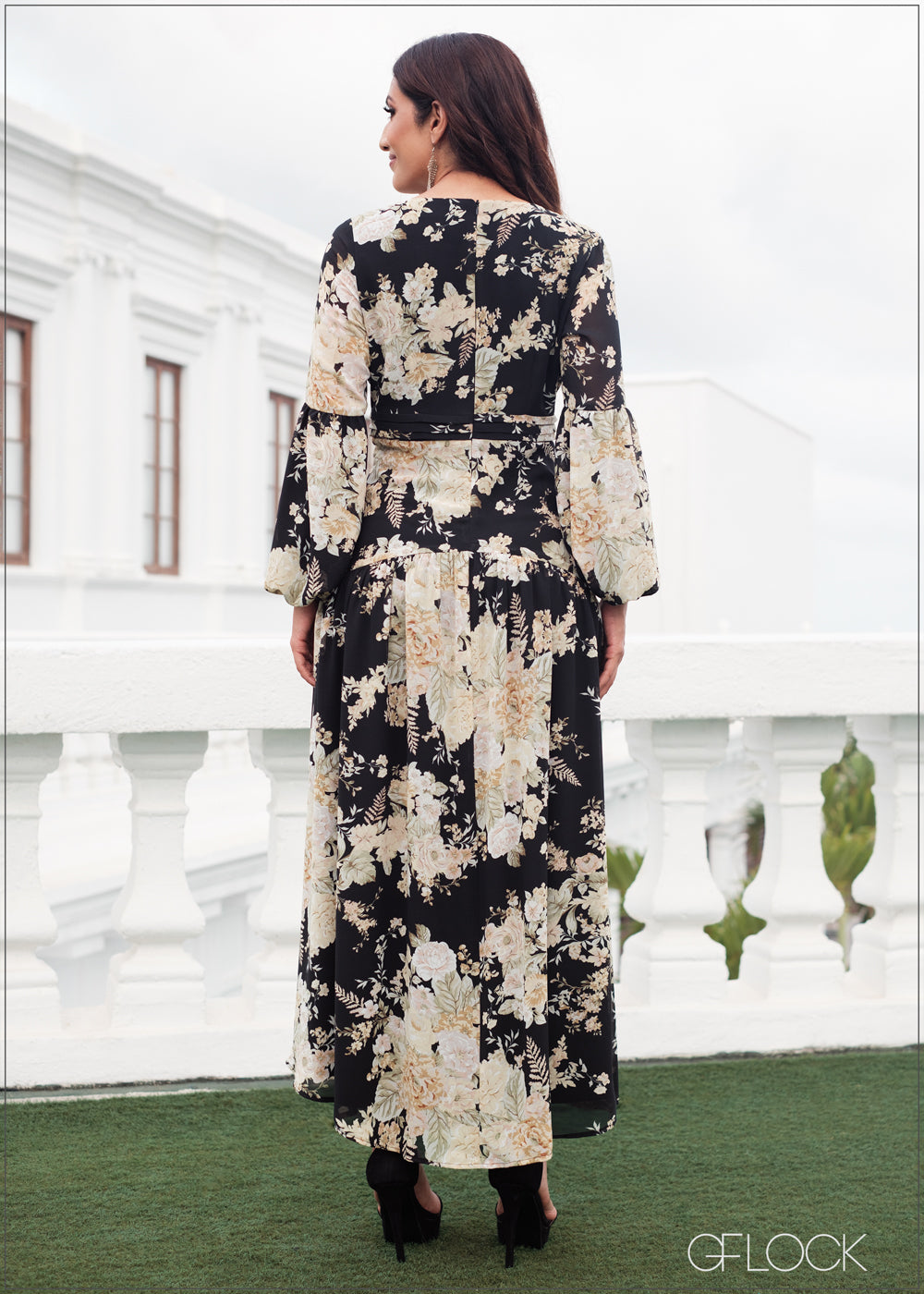 Lantern Sleeved Pin Tucked Printed Maxi Dress - 180823