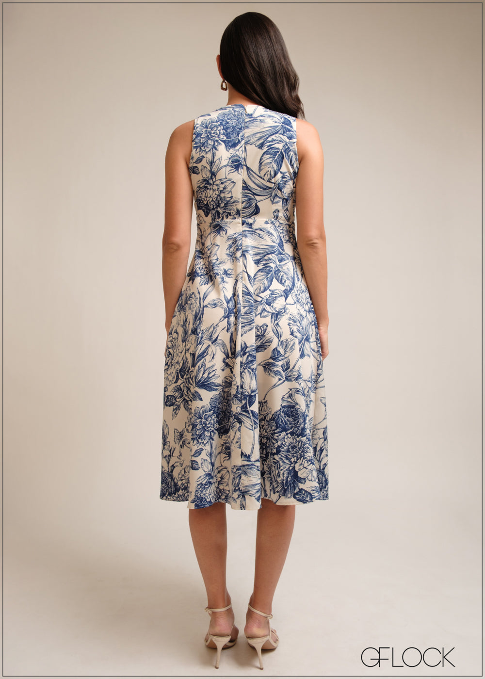 Knot detail, blue printed sleeveless midi dress
