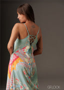 Flowy vibrant printed V-neck maxi slip dress.