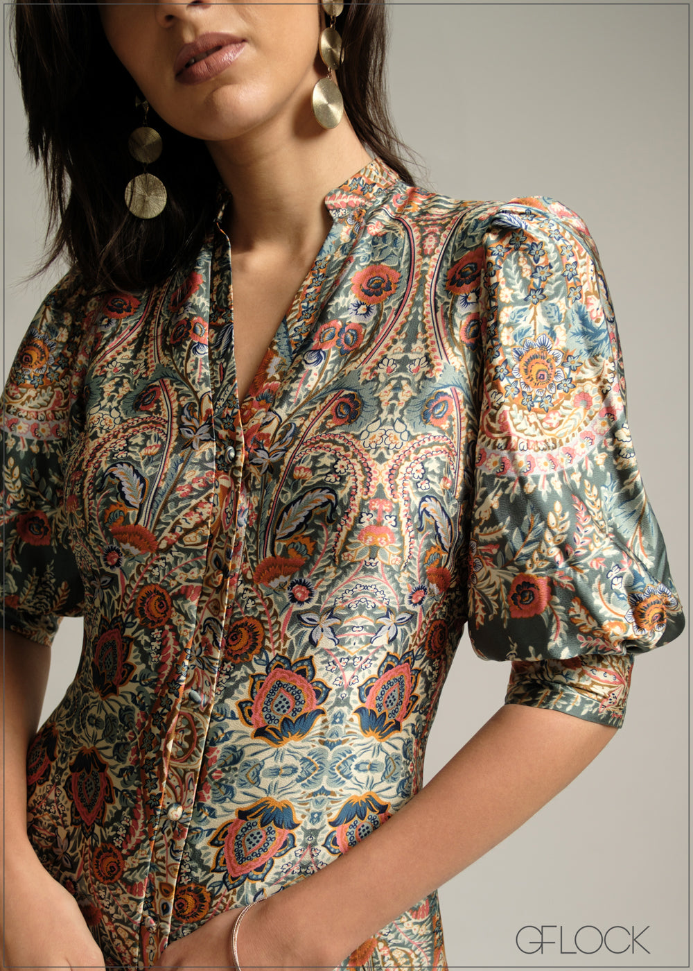 Tunic Collared Printed Midi Dress - 220825