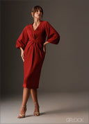 Twisted front knot detailed puff sleeve midi dress


