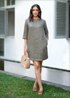 Three Quarter Sleeve Linen Shift Dress - 010923