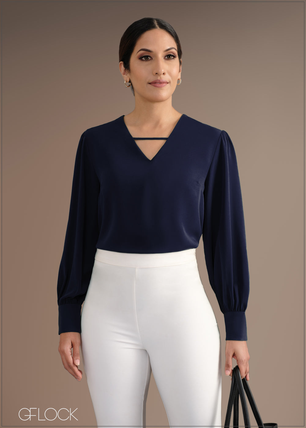 Long Sleeve V-Neck Top With Front Detail - 060524