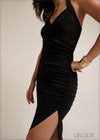 Sweatheart neckline, halter side ruched bodycon midi dress
