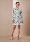 High Neck Puff Long Sleeves Dress - 011223