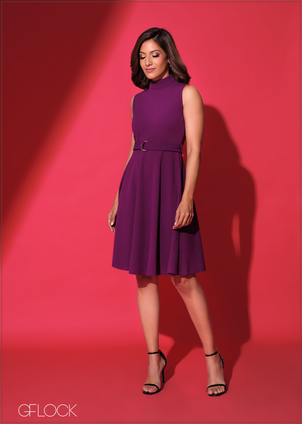 High Neck Belt Detail Flare Dress - 151223
