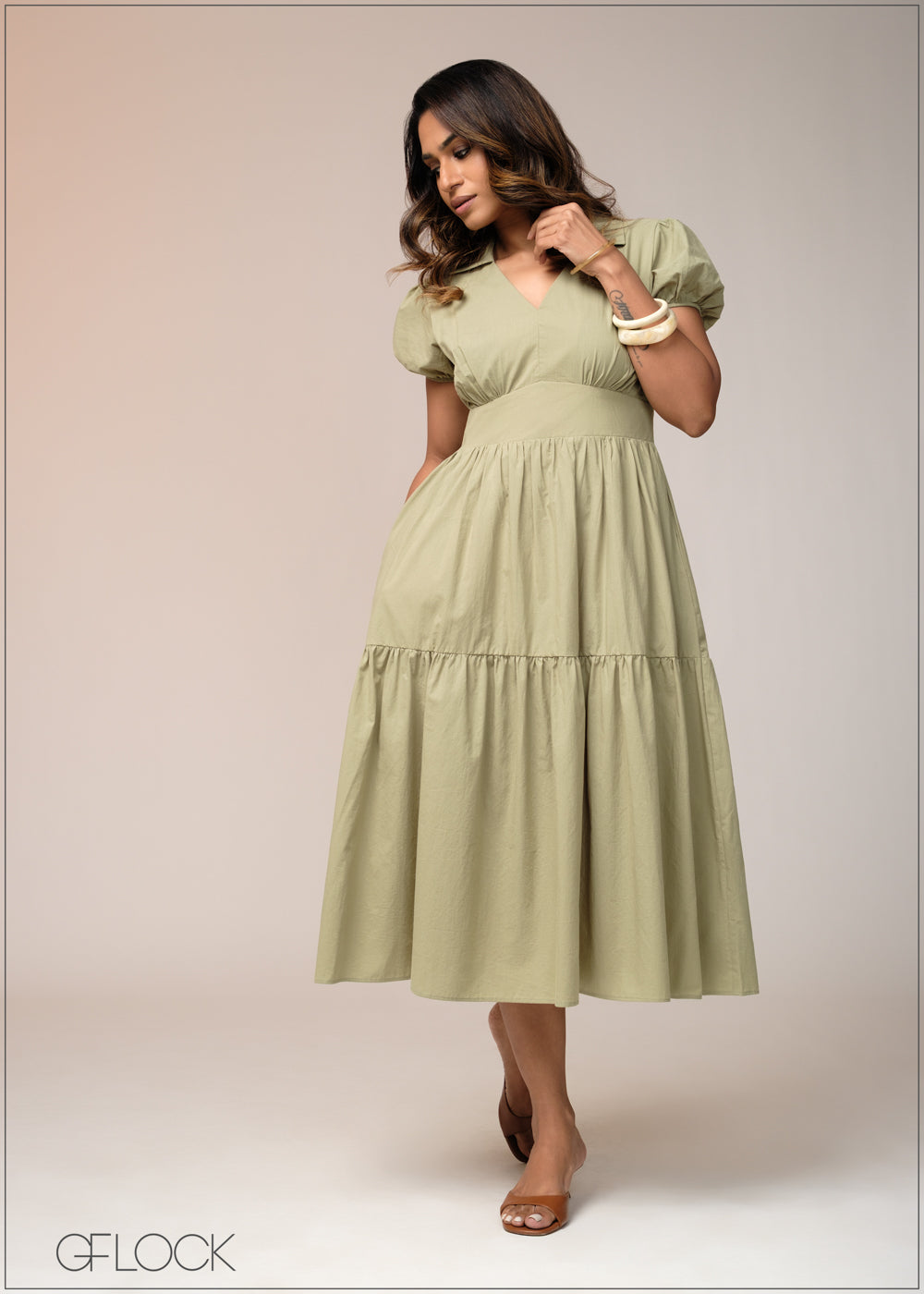 Puff Sleeve Midi Dress - 031125