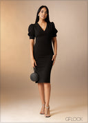 V-Neck Puff Sleeve Midi Dress - 180926