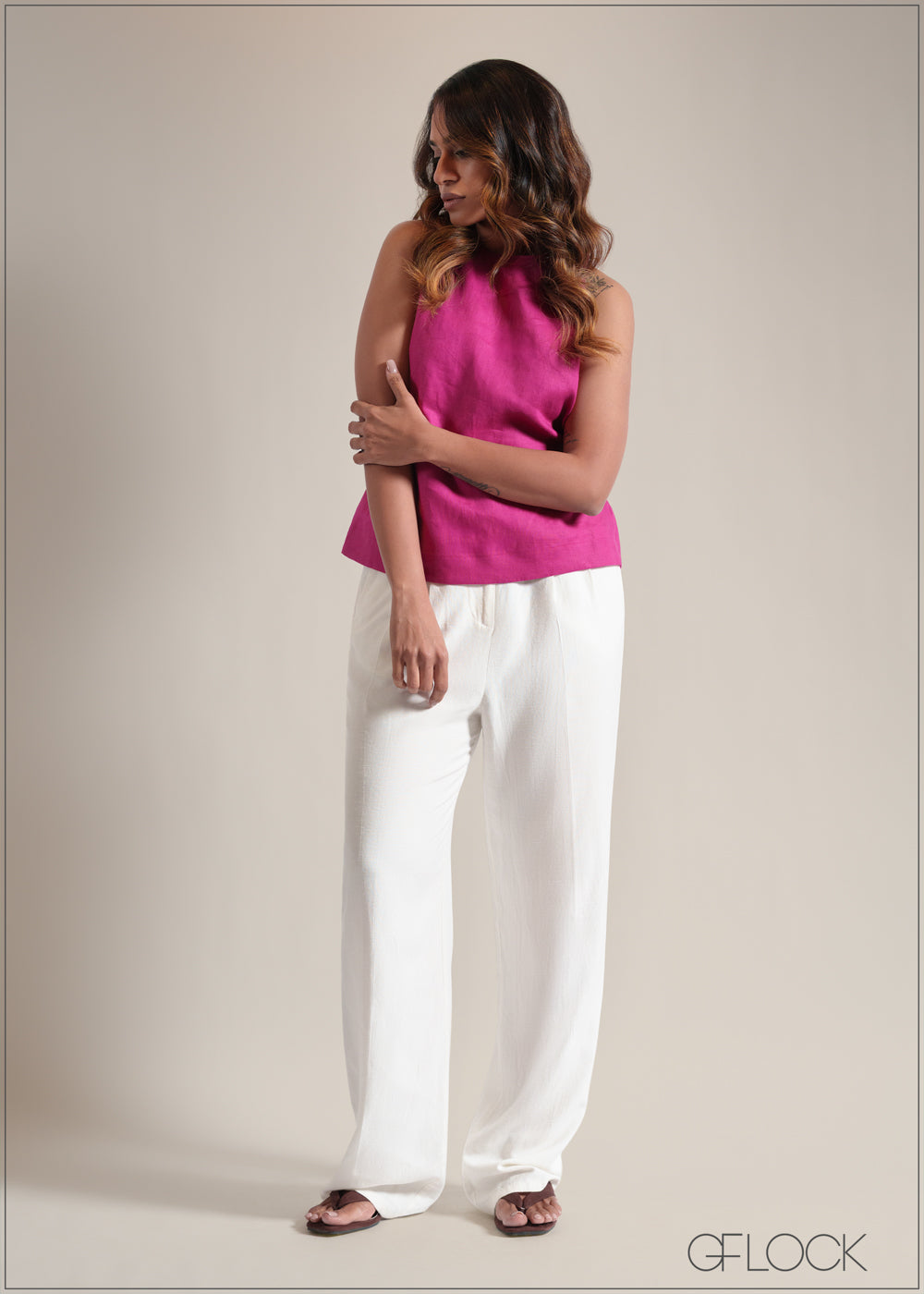 High Neck Linen Top - 250825