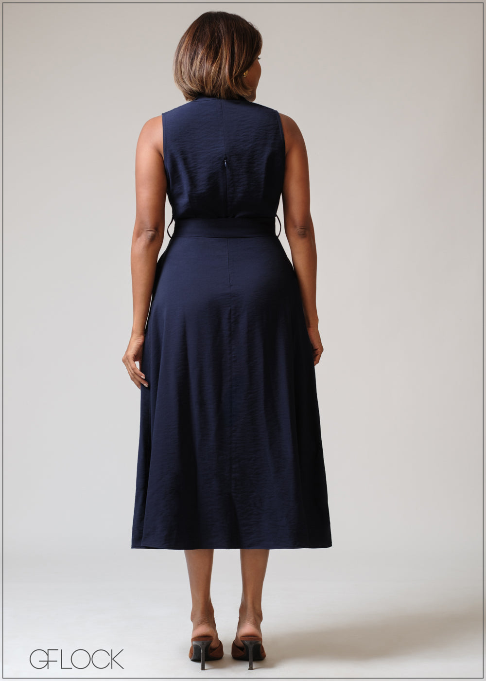 Notch Neck Belted Midi Dress - 230625