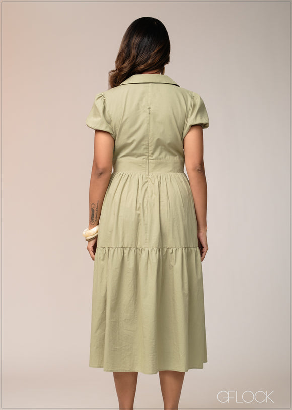 Puff Sleeve Midi Dress - 031125