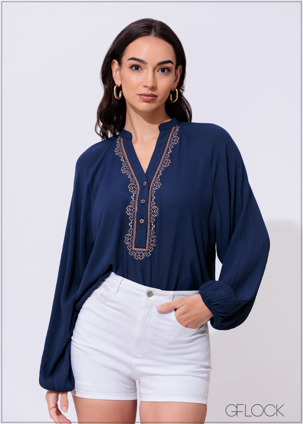 Embroidery Long Sleeve Top - 300425