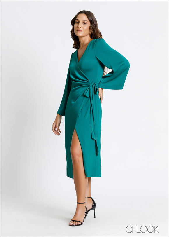 Flare Sleeved Wrap Tie-Up Midi Dress - 010724 - 02