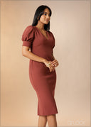 V-Neck Puff Sleeve Midi Dress - 180926