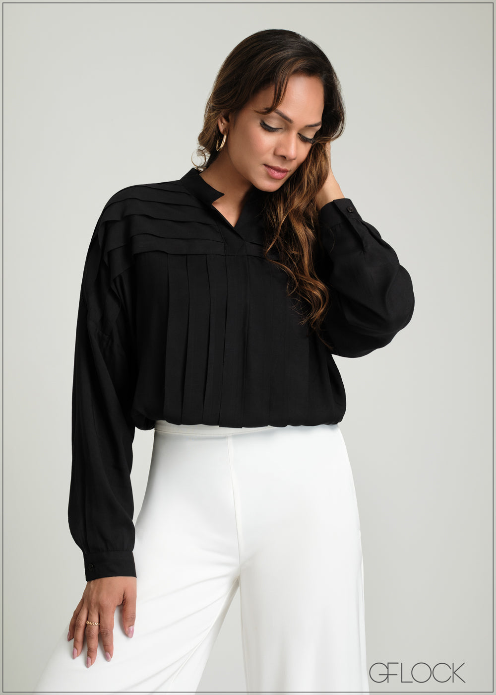 Pleat Detail Tunic Collar Top - 100425IE