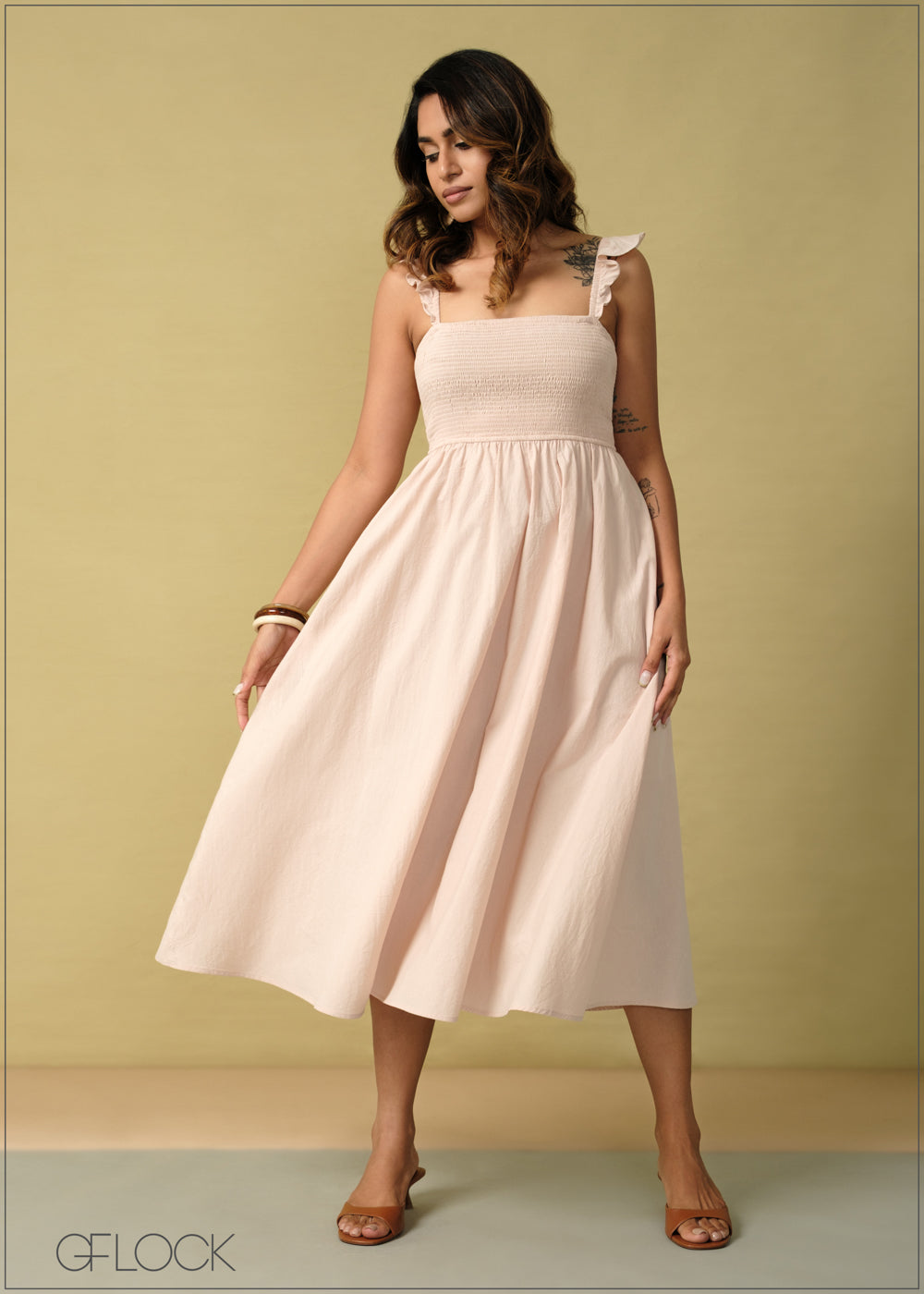 Frill Detailed Smocked Midi Dress - 260925