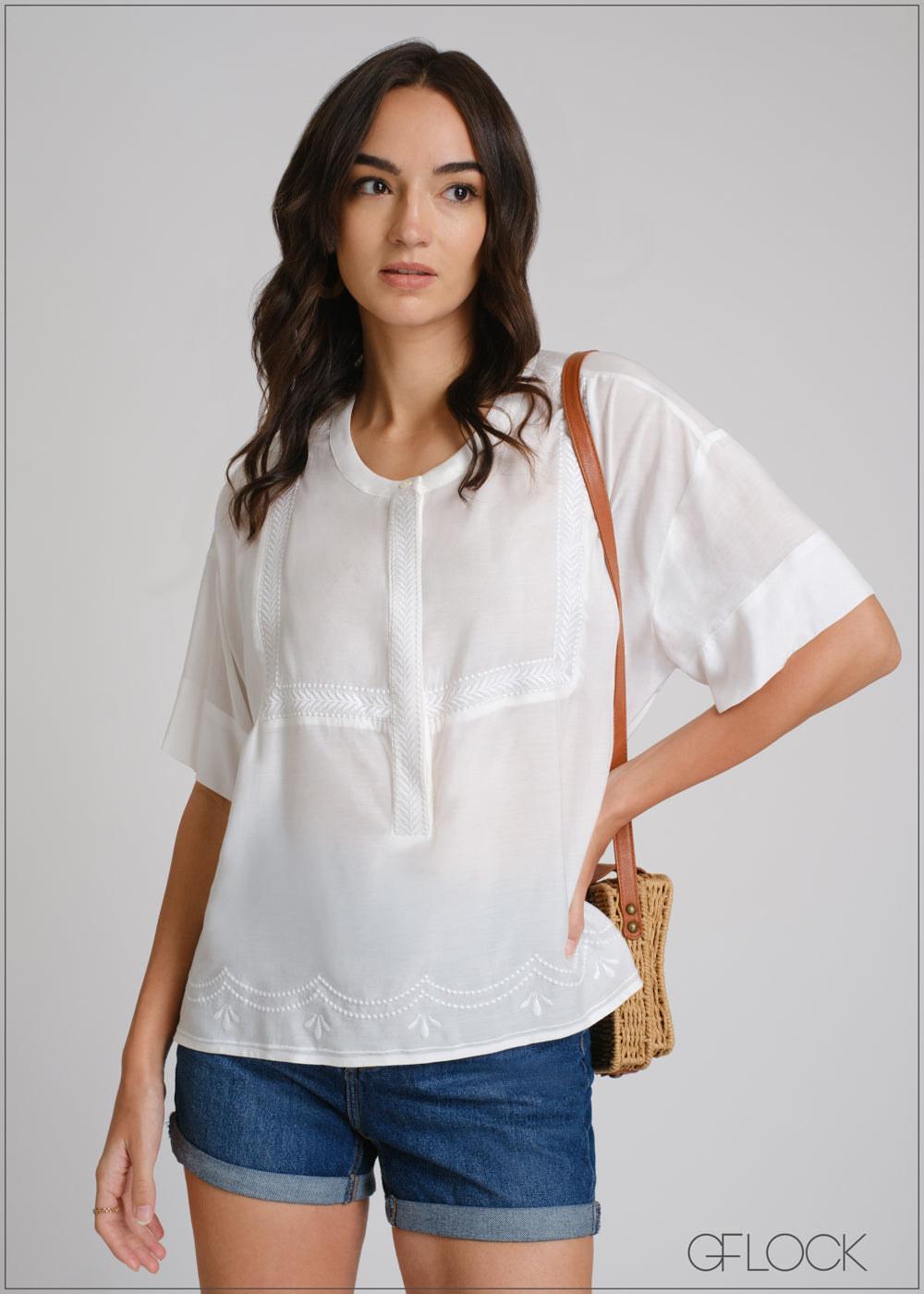 Half Placket Embroidery Top - 250425
