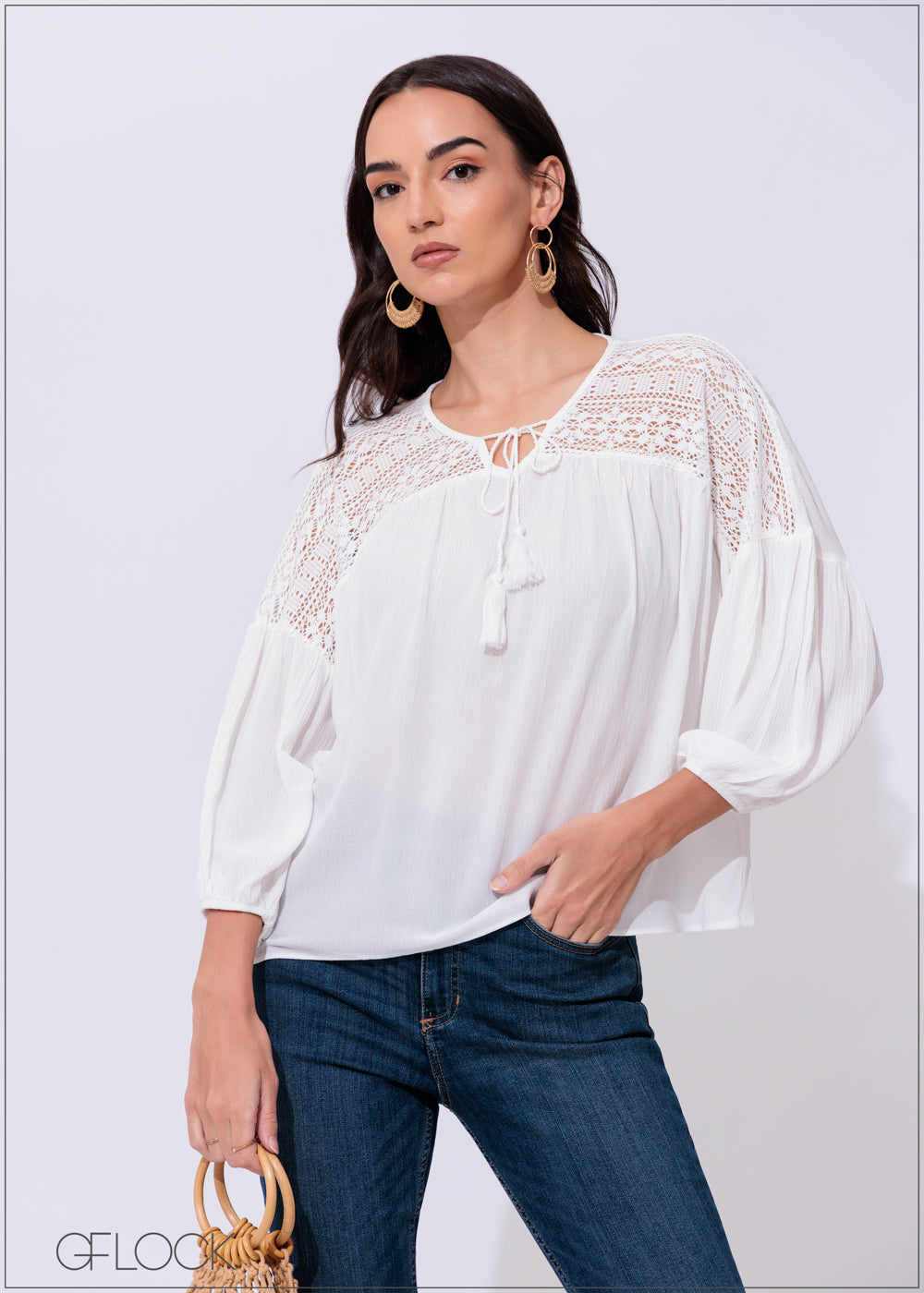 Lace Detail Long Sleeve Top - 300425