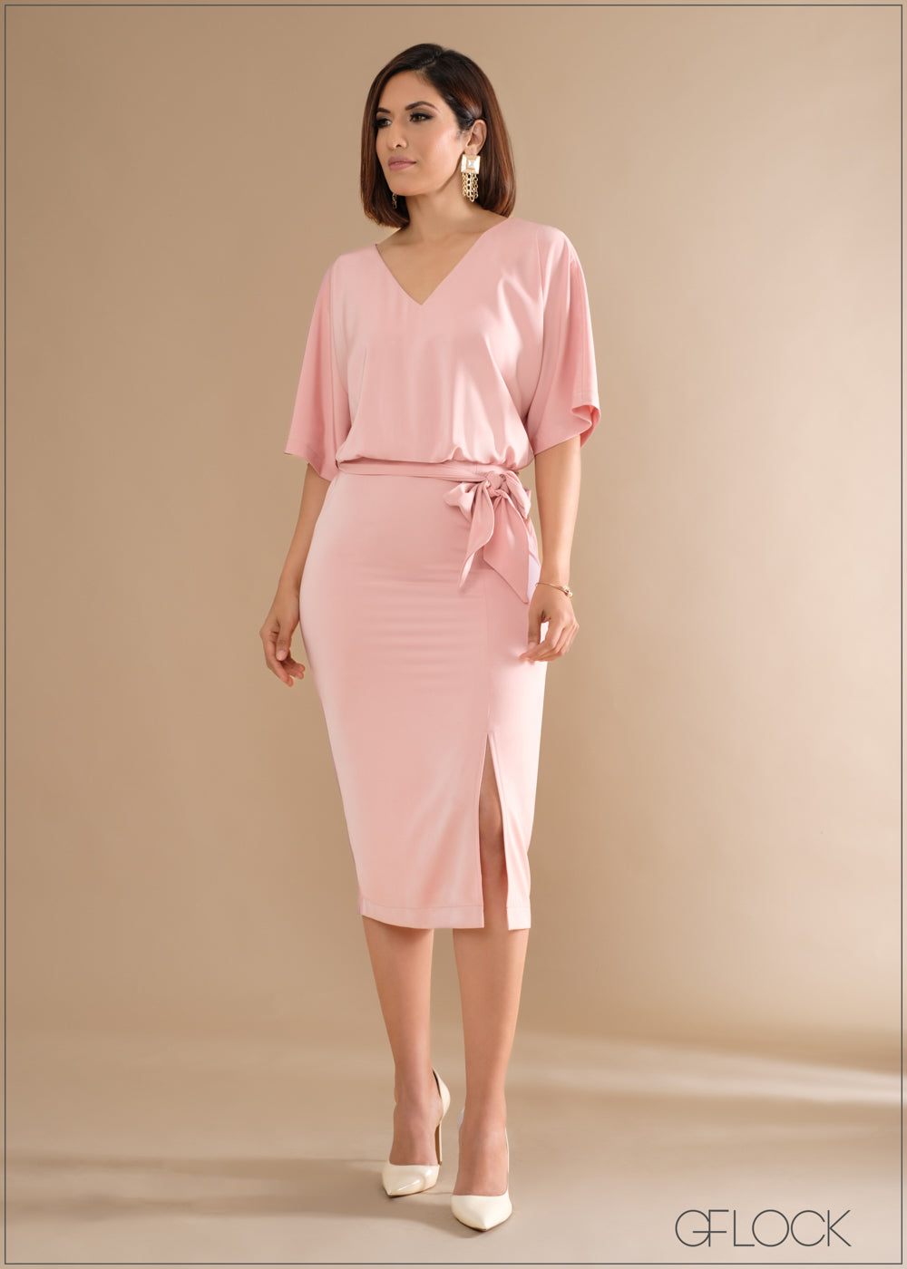 V-Neck Flutter Sleeves Belted Midi Dress - 140324