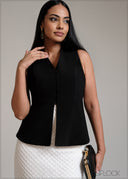 Black sleeveless  peplum detailed V neck top with front buttons and  slit
