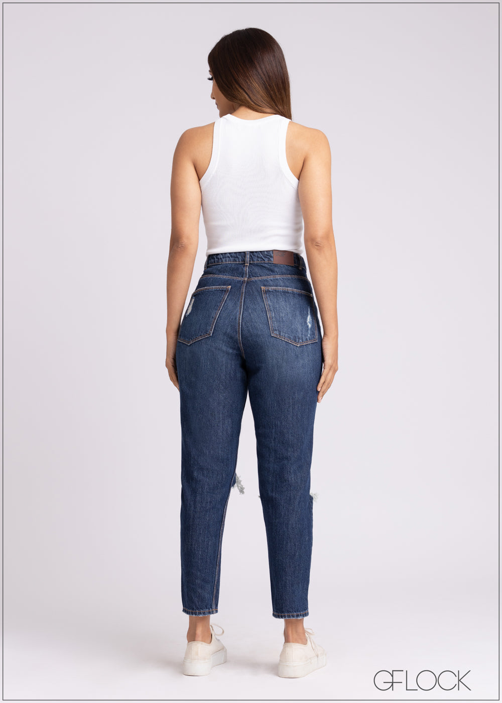 Mid Wash Ripped Mom Jean - 071122