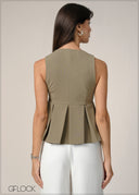 V-Neck Sleeveless Pleated Top - 240726