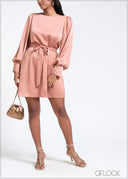 Bishop Sleeved Tie-Up Detailed Satin Dress - 260525