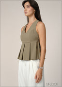 V-Neck Sleeveless Pleated Top - 240726