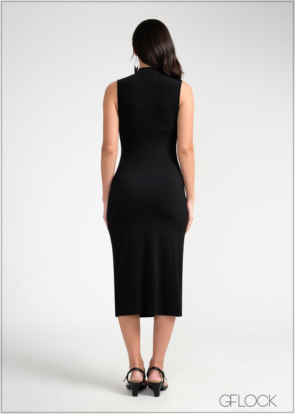 High Neck Side Pleated Midi Dress - 050925