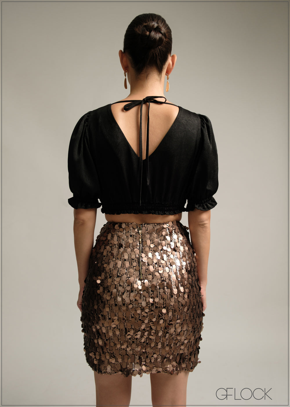 V-Neck Puff Sleeve Crop Top - 220825