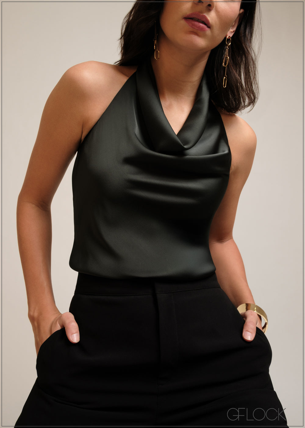 Halter neck sleeveless satin cowl top

