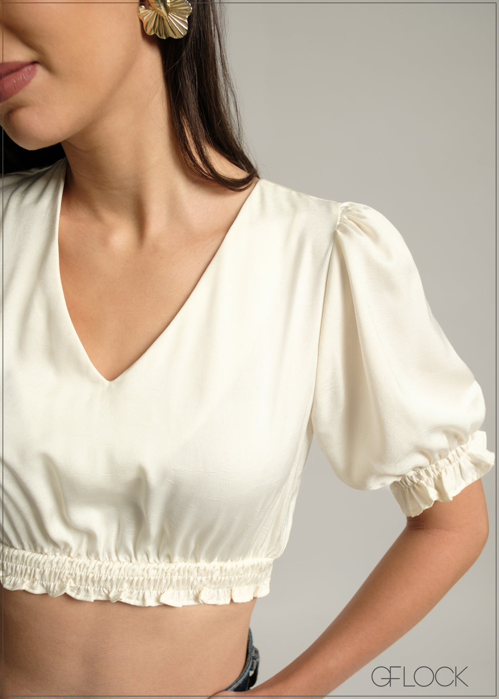 V-Neck Puff Sleeve Crop Top - 220825