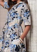 Printed Tie Detailed Dress (Premium Cotton) - 201025