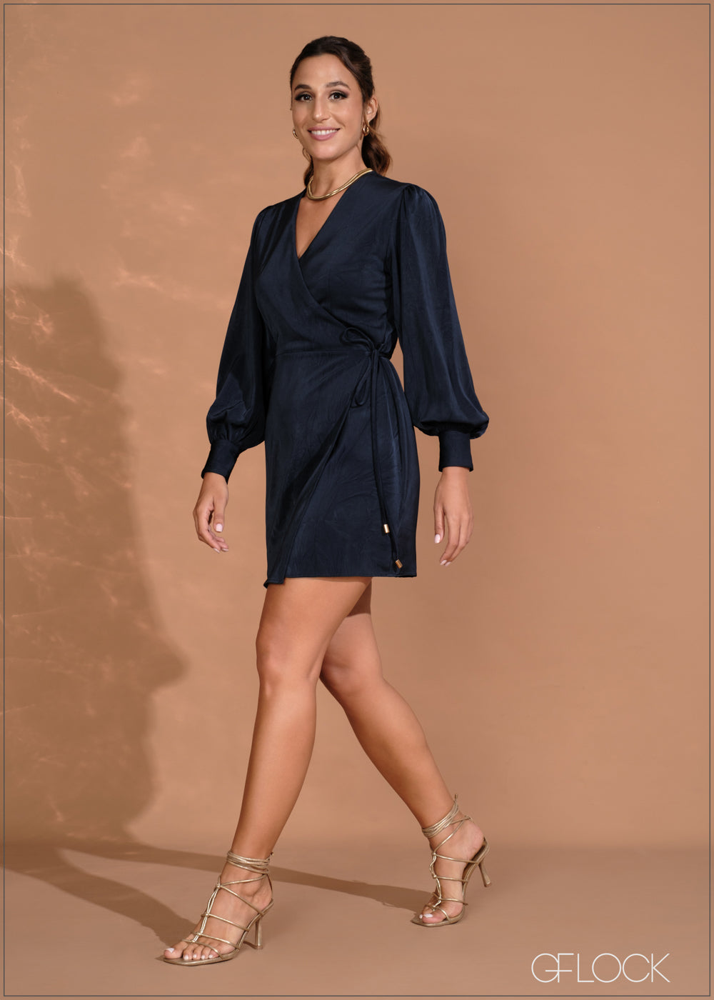 Balloon Sleeve Wrap Tie-Up Mini Dress - 260724