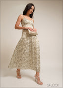 Beige and green floral, low waist maxi dress

