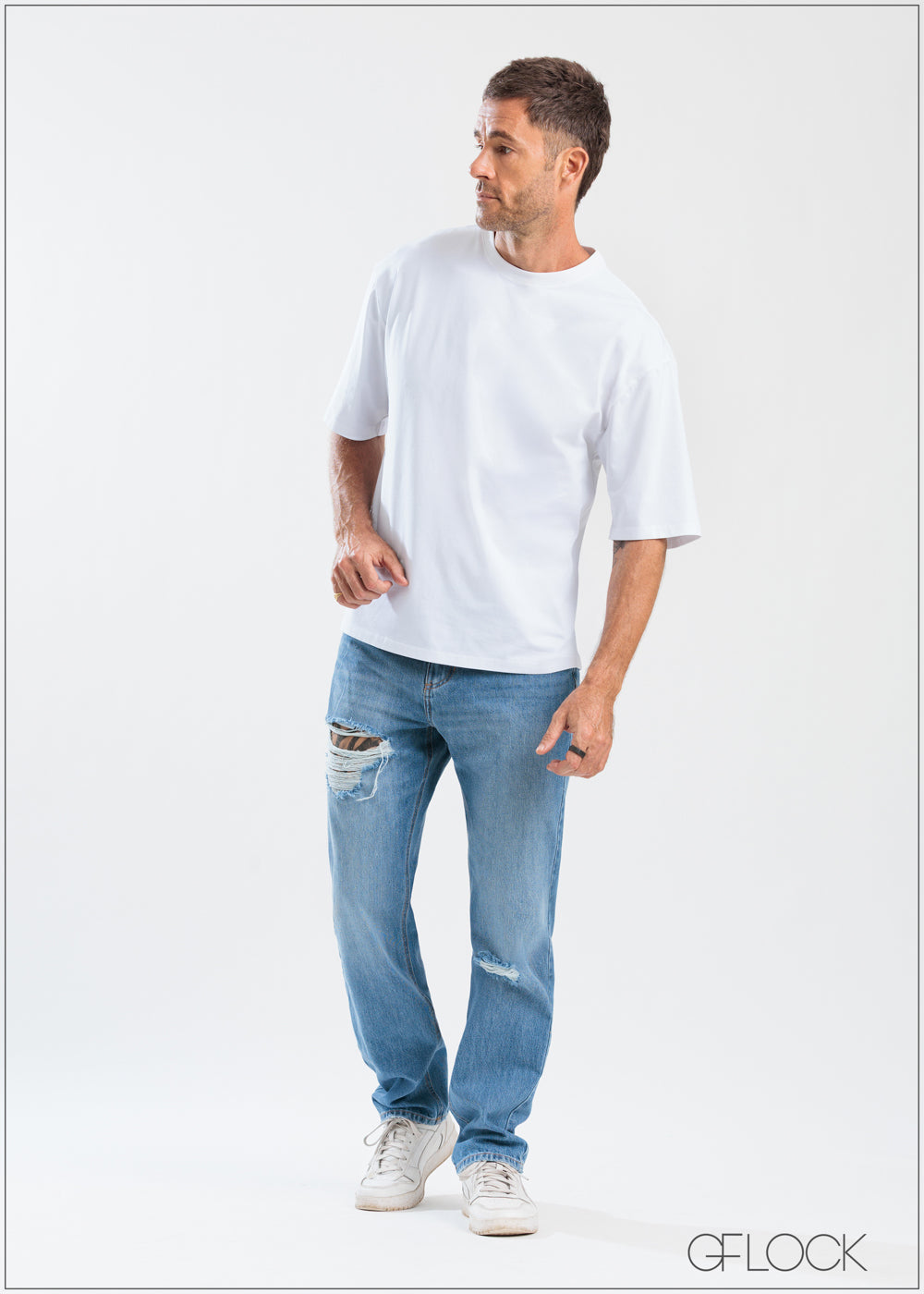 Straight Leg Ripped Jean - Short Length - 250625