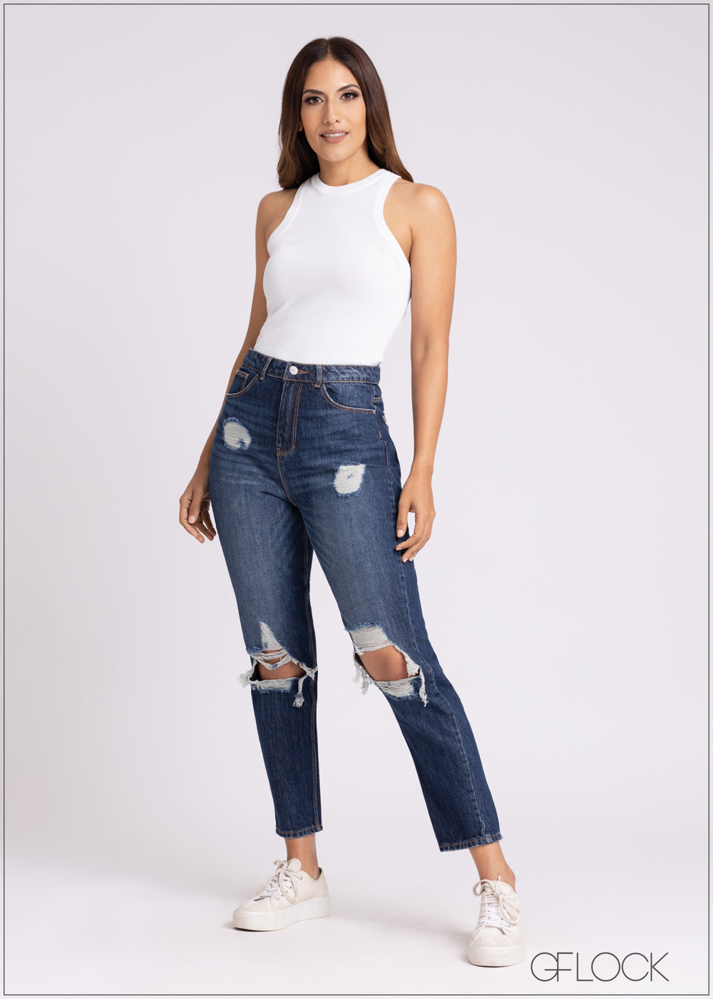 Mid Wash Ripped Mom Jean - 071122