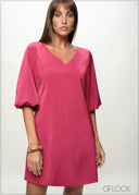 V-Neck Puff Sleeve Shift Dress - 090226